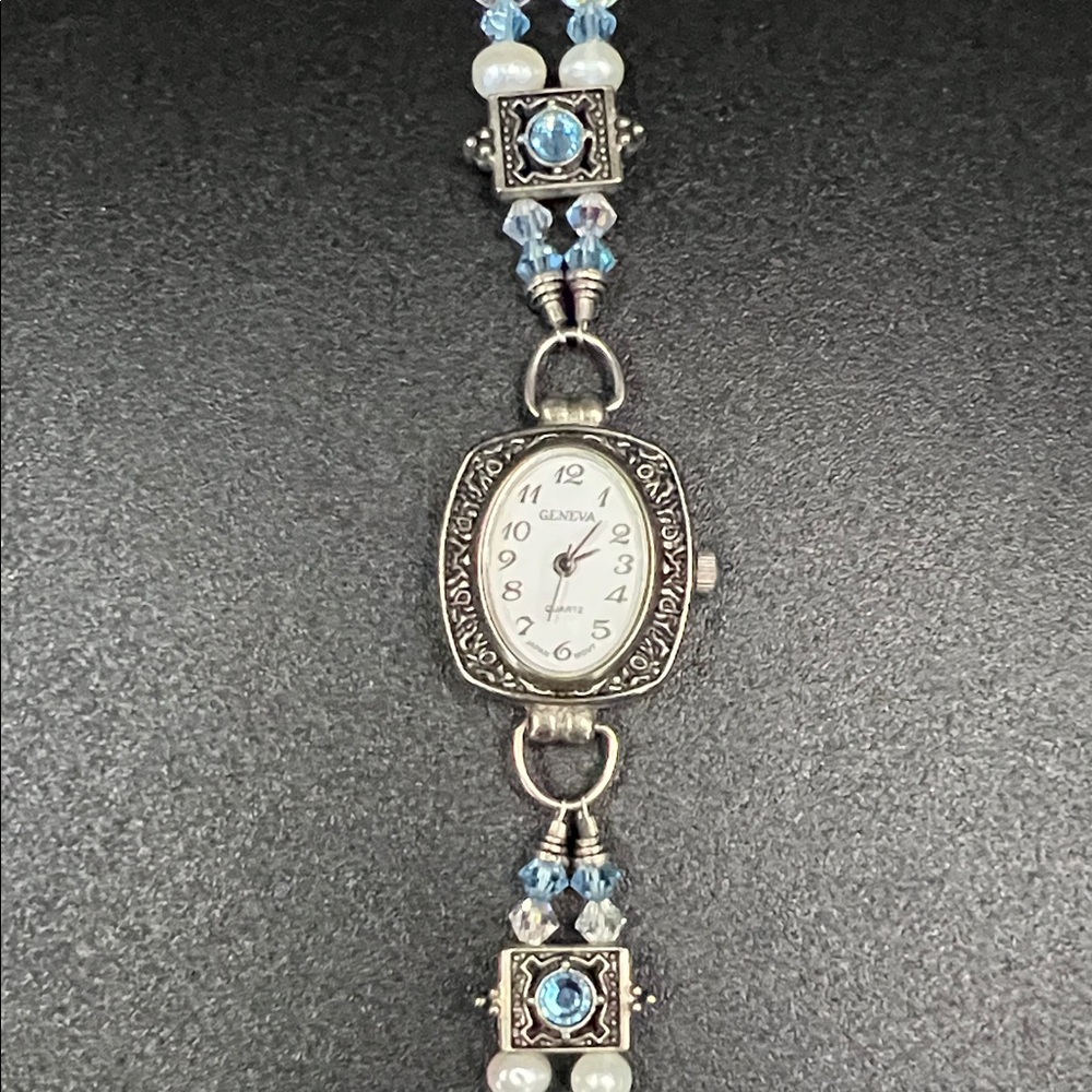 Geneva Silver-Tone Watch with Light Blue Beaded 925 Sterling Silver Bracelet